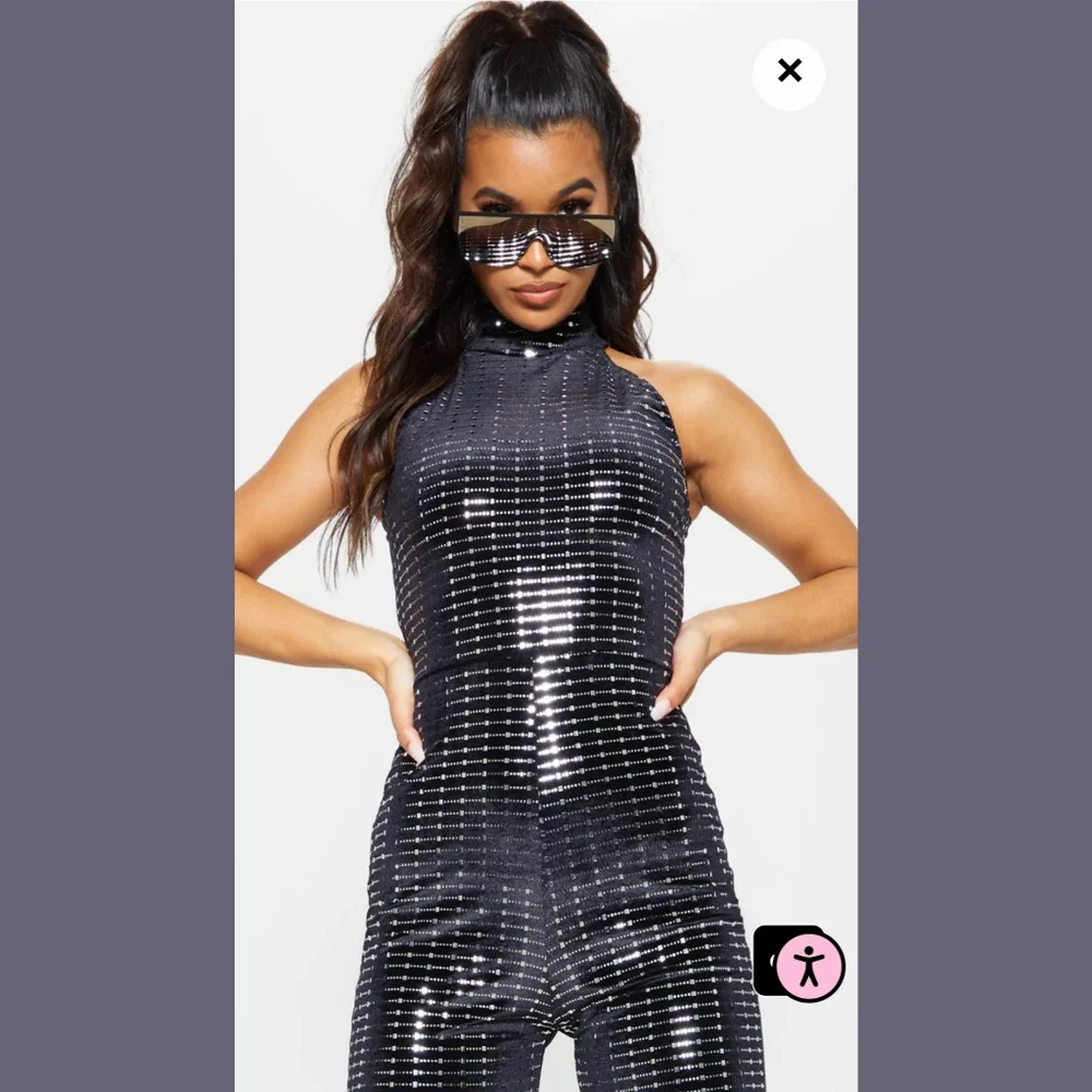 NWT PLT Black Sequin Mirror Velvet Halterneck Jumpsuit - Picture 6 of 10